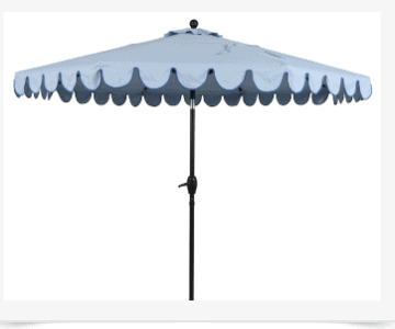 A light blue outdoor patio umbrella with scalloped edges and a black pole, perfect for Saturday shopping finds, viewed from the side against a white background.